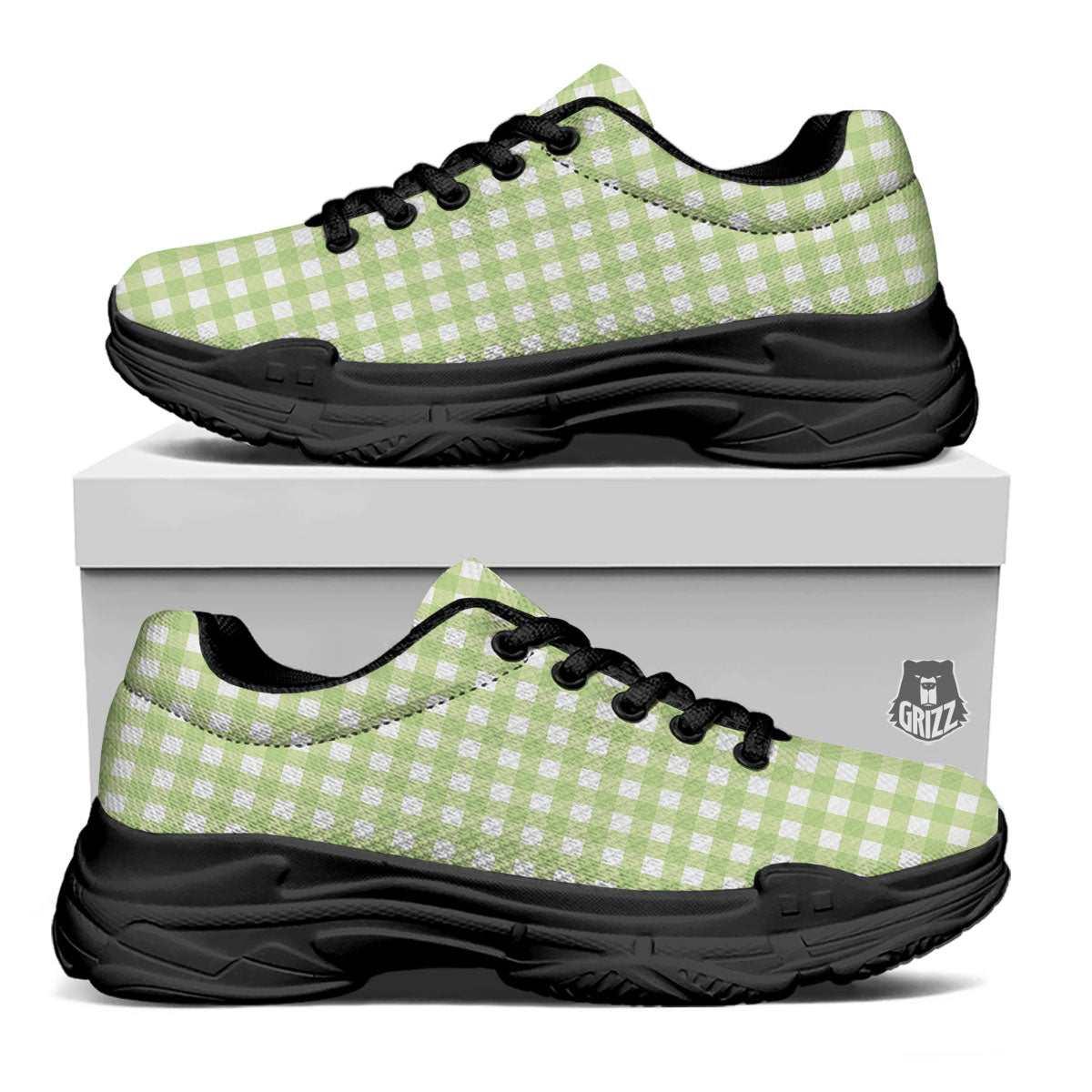 White And Green Check Print Pattern Black Chunky Shoes-grizzshop