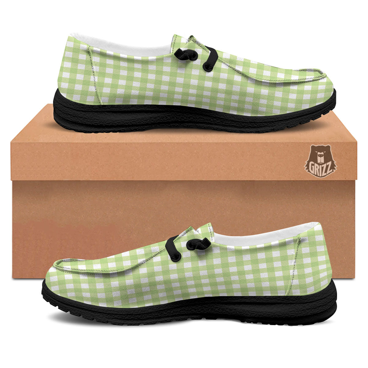 White And Green Check Print Pattern Black Loafers-grizzshop