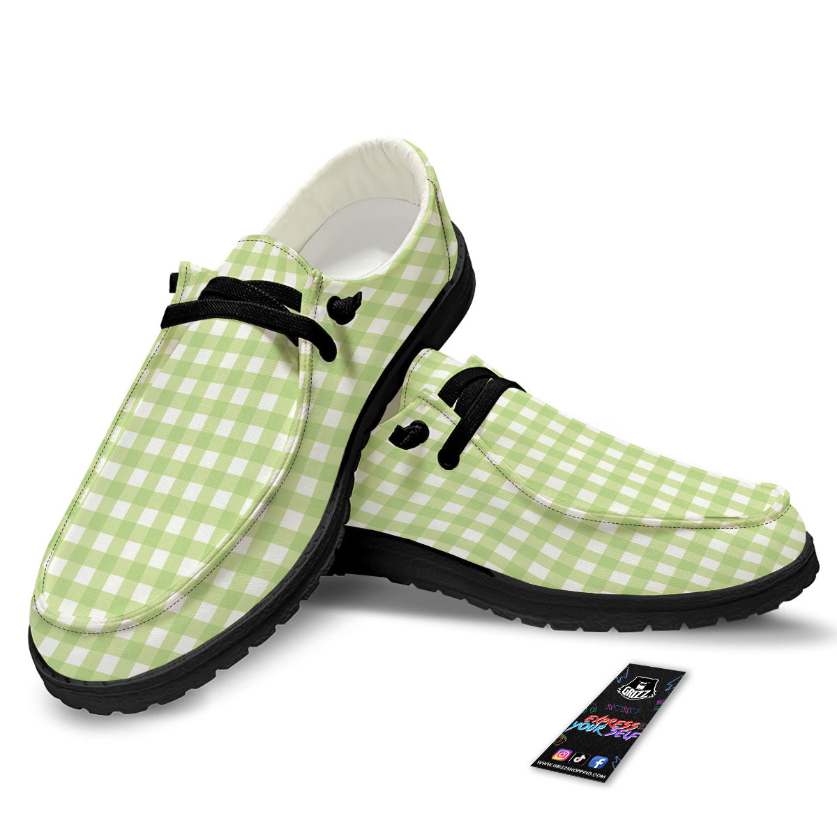 White And Green Check Print Pattern Black Loafers-grizzshop