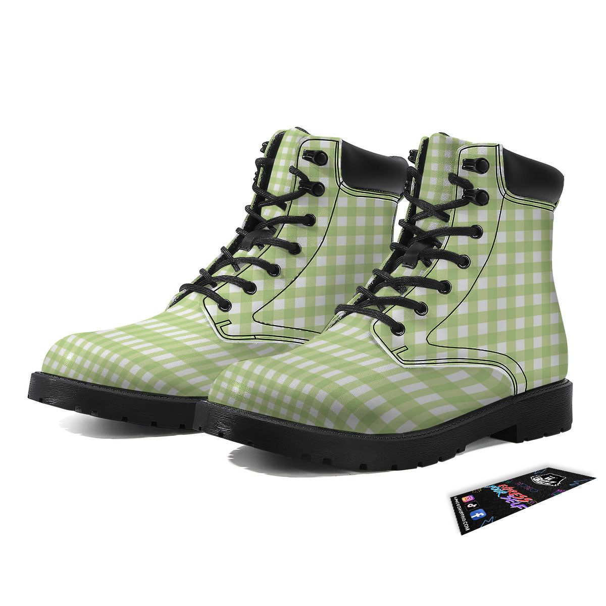 White And Green Check Print Pattern Boots-grizzshop