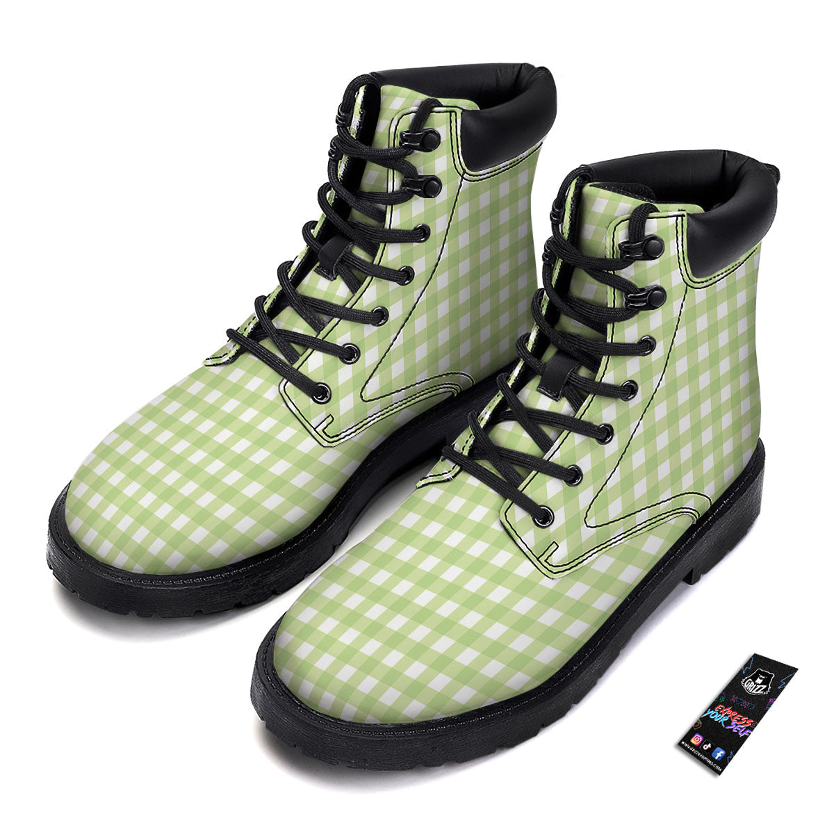 White And Green Check Print Pattern Boots-grizzshop