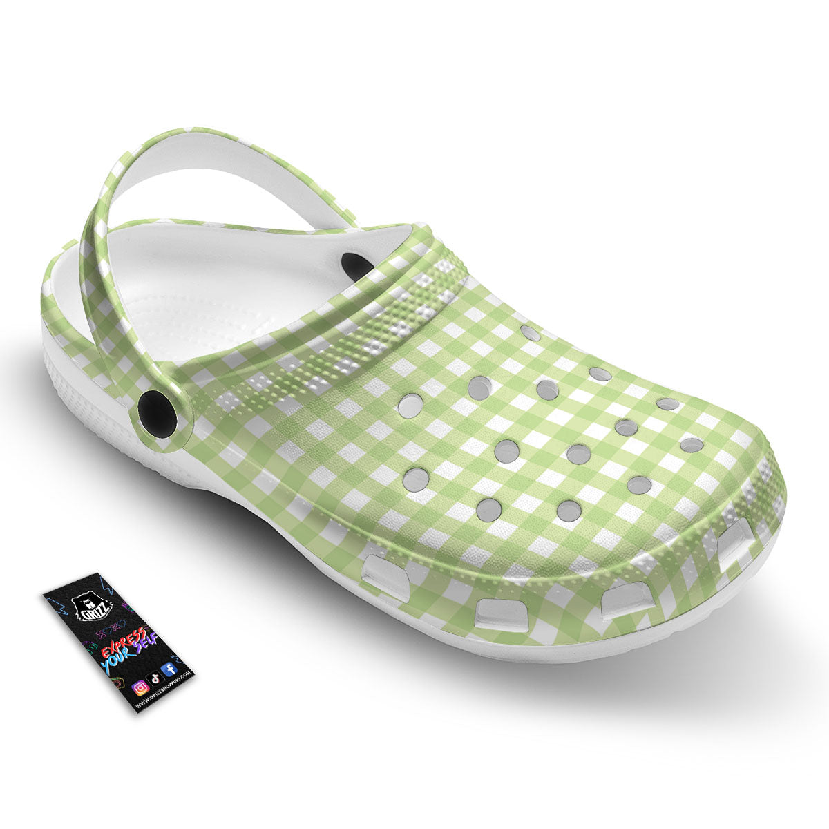 White And Green Check Print Pattern Clog-grizzshop