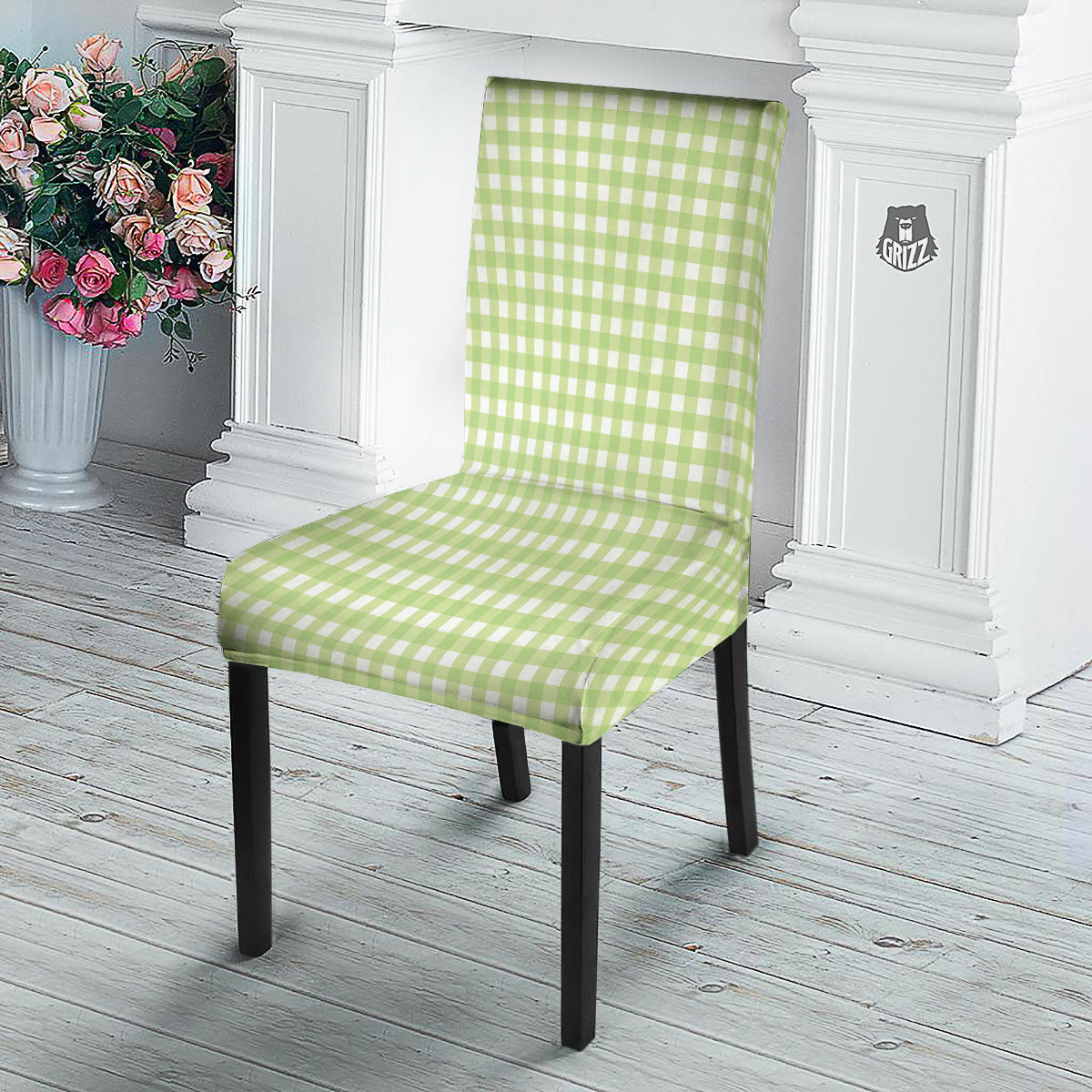 White And Green Check Print Pattern Dining Chair Slipcover-grizzshop