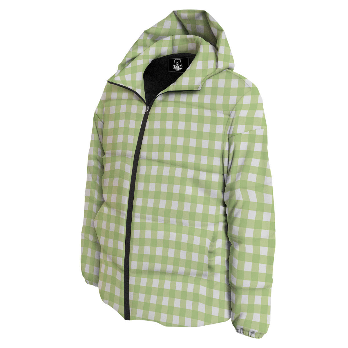 White And Green Check Print Pattern Down Jacket-grizzshop