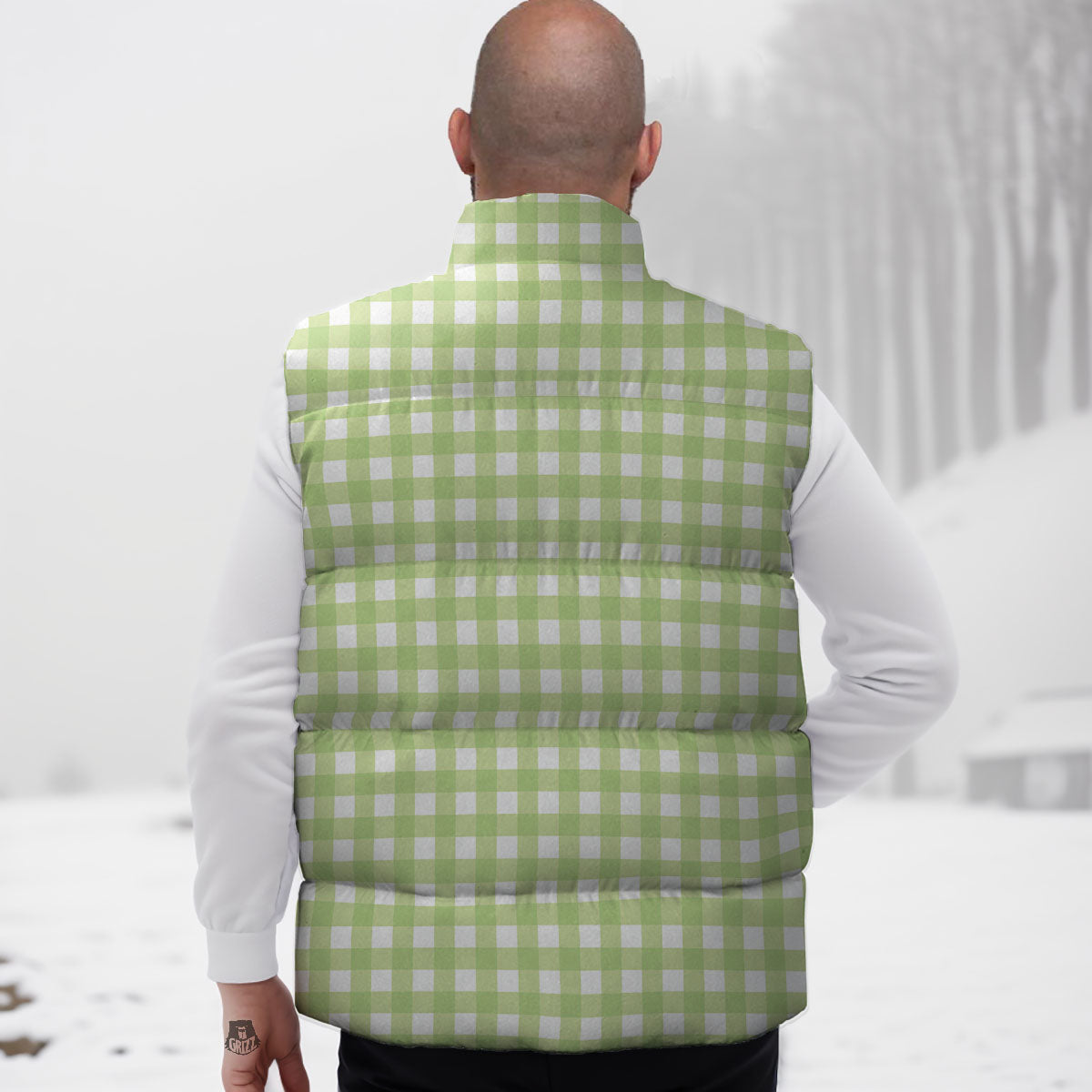 White And Green Check Print Pattern Down Vest