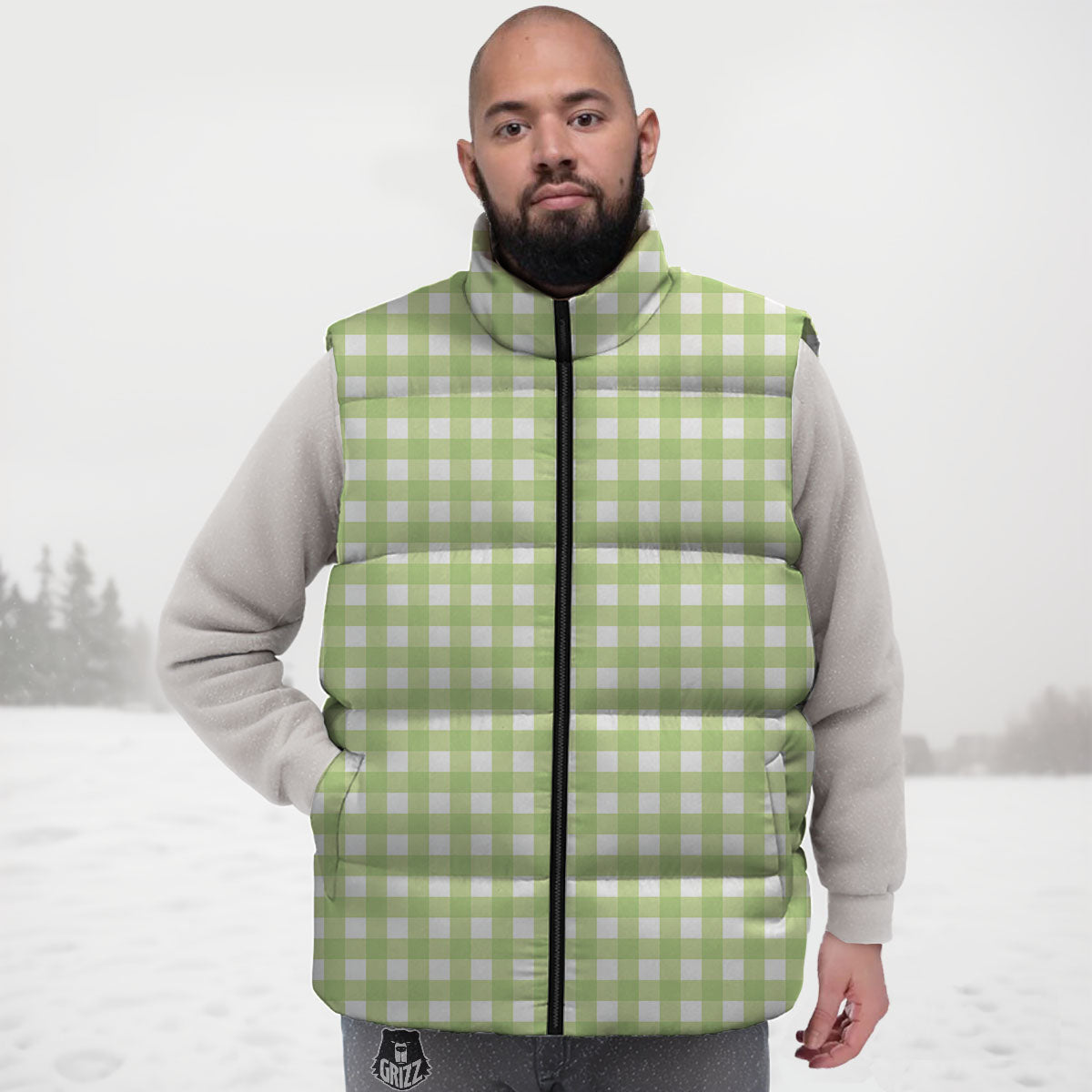 White And Green Check Print Pattern Down Vest