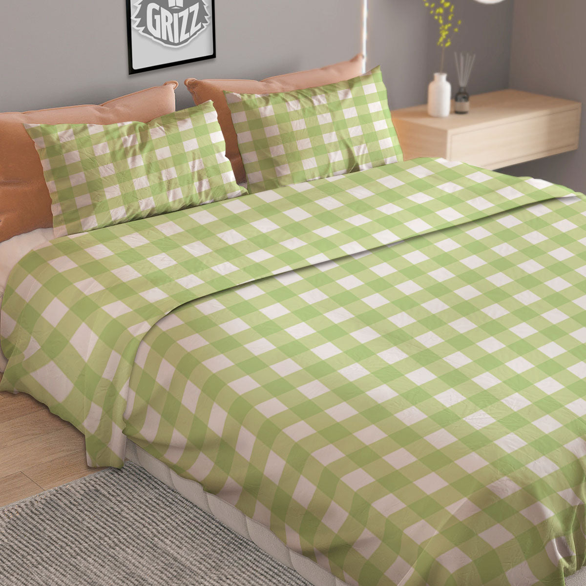 White And Green Check Print Pattern Duvet Cover Bedding Set