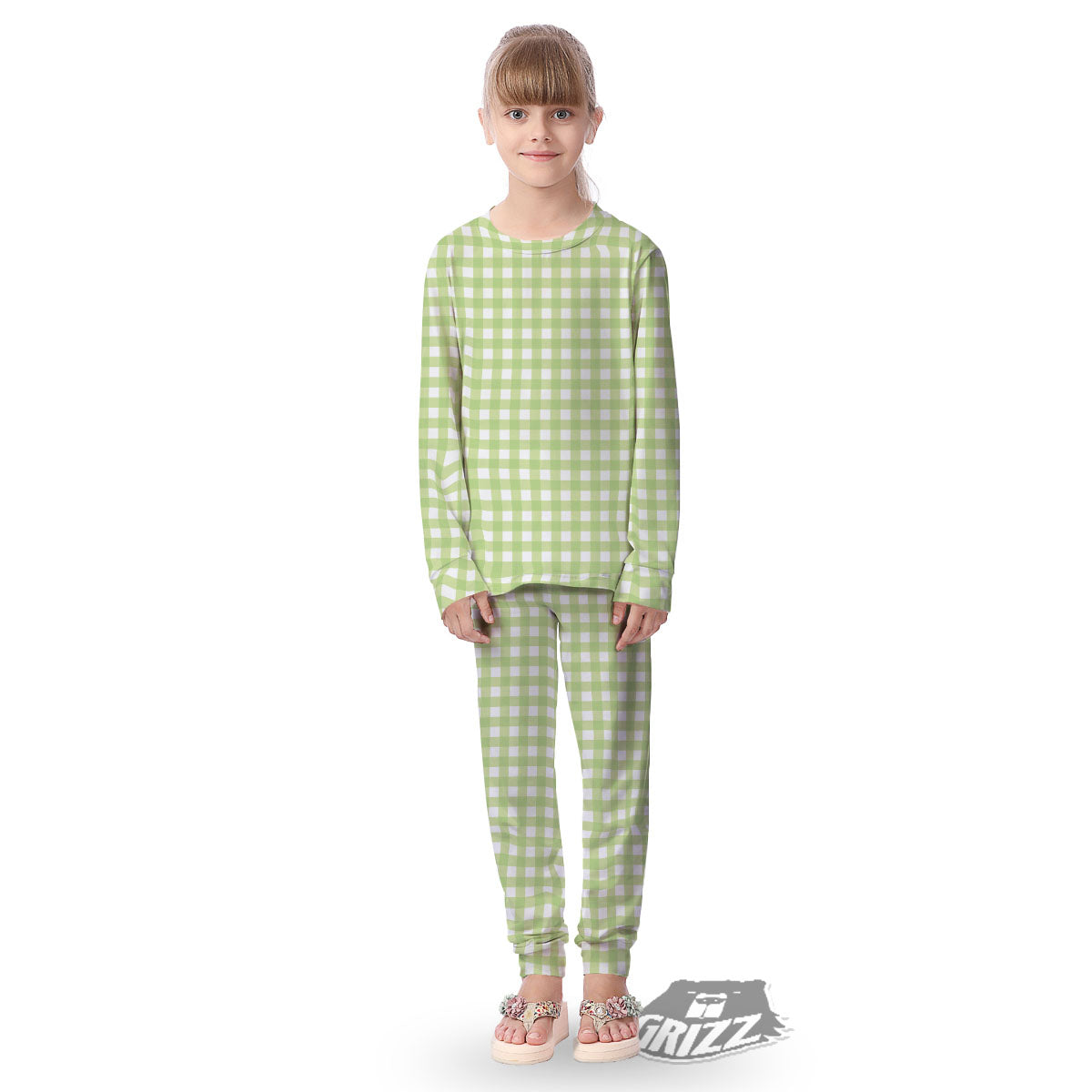 White And Green Check Print Pattern Kid's Pajamas-grizzshop