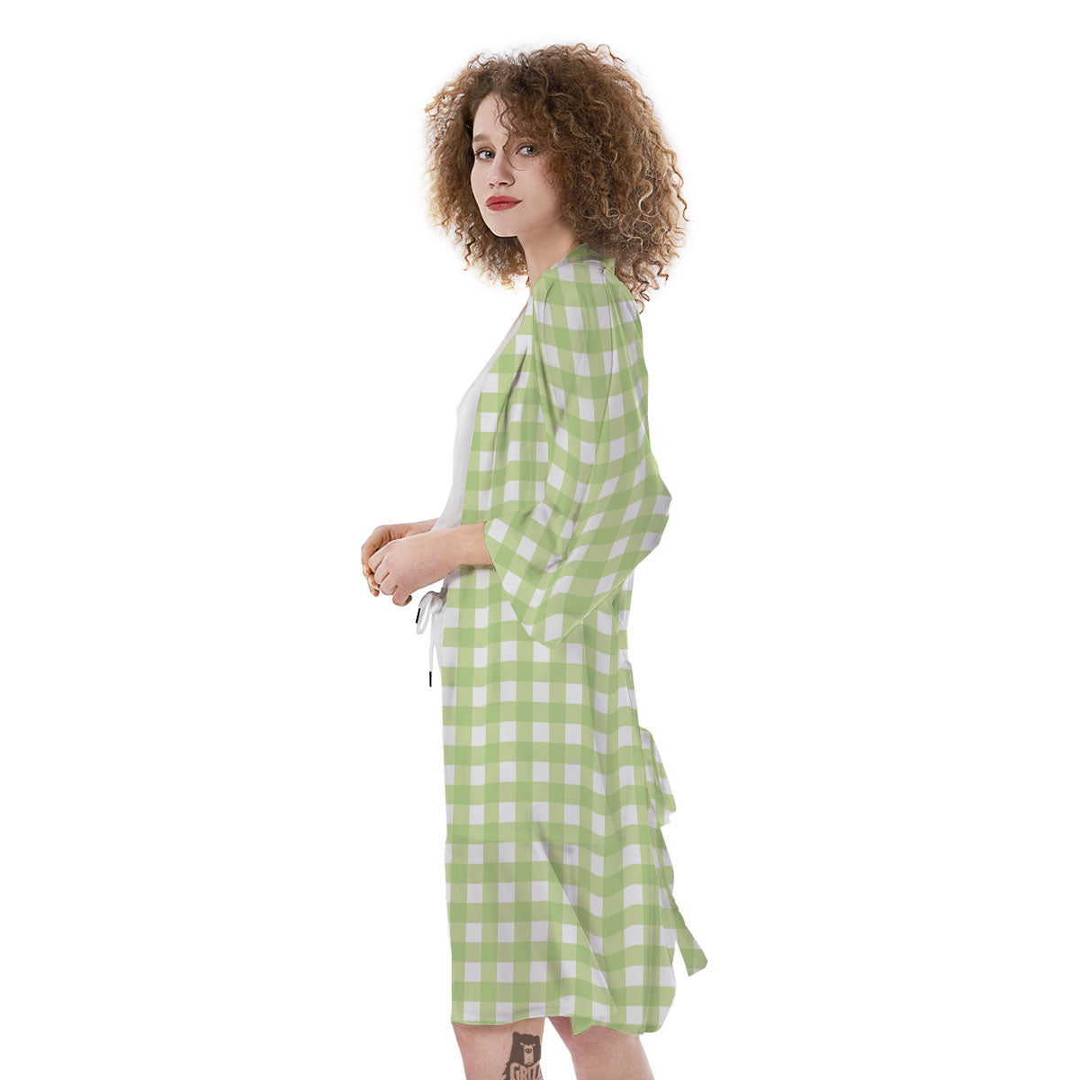 White And Green Check Print Pattern Kimono-grizzshop