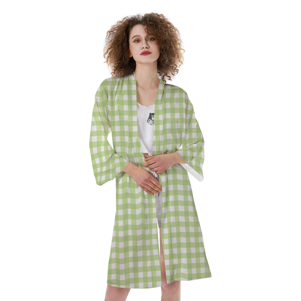 White And Green Check Print Pattern Kimono-grizzshop