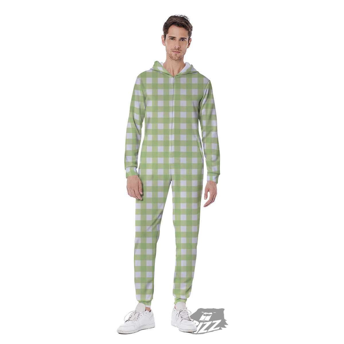 White And Green Check Print Pattern Men's Jumpsuit-grizzshop