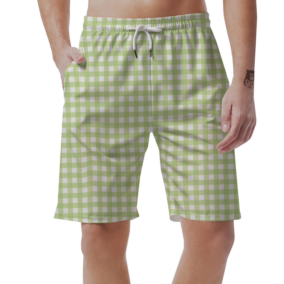 White And Green Check Print Pattern Men's Shorts-grizzshop