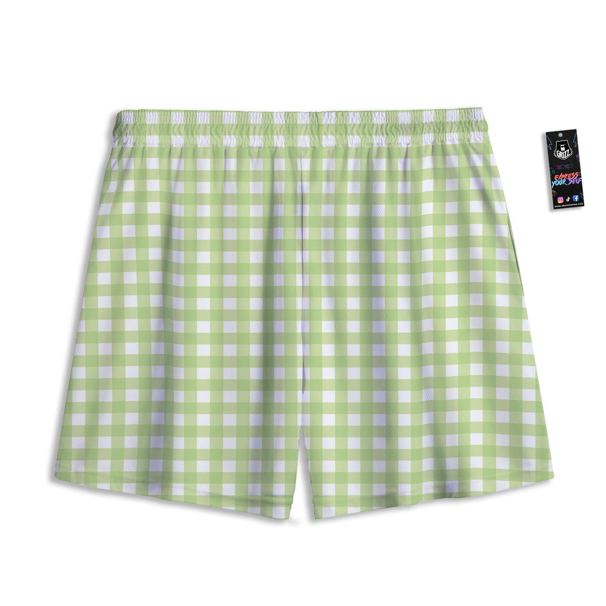 White And Green Check Print Pattern Mesh Shorts