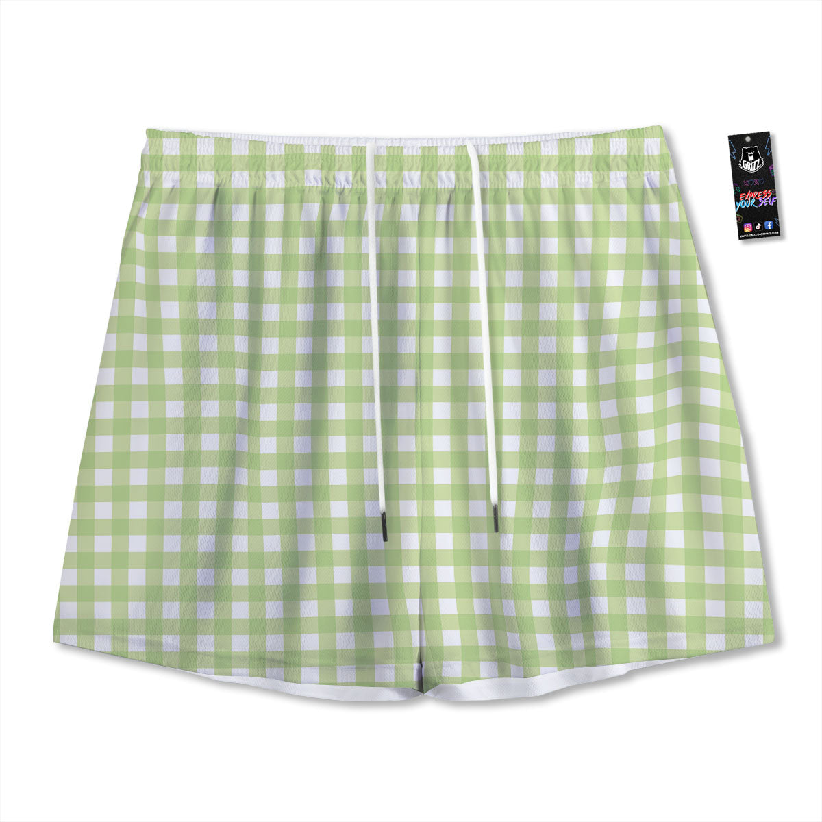 White And Green Check Print Pattern Mesh Shorts