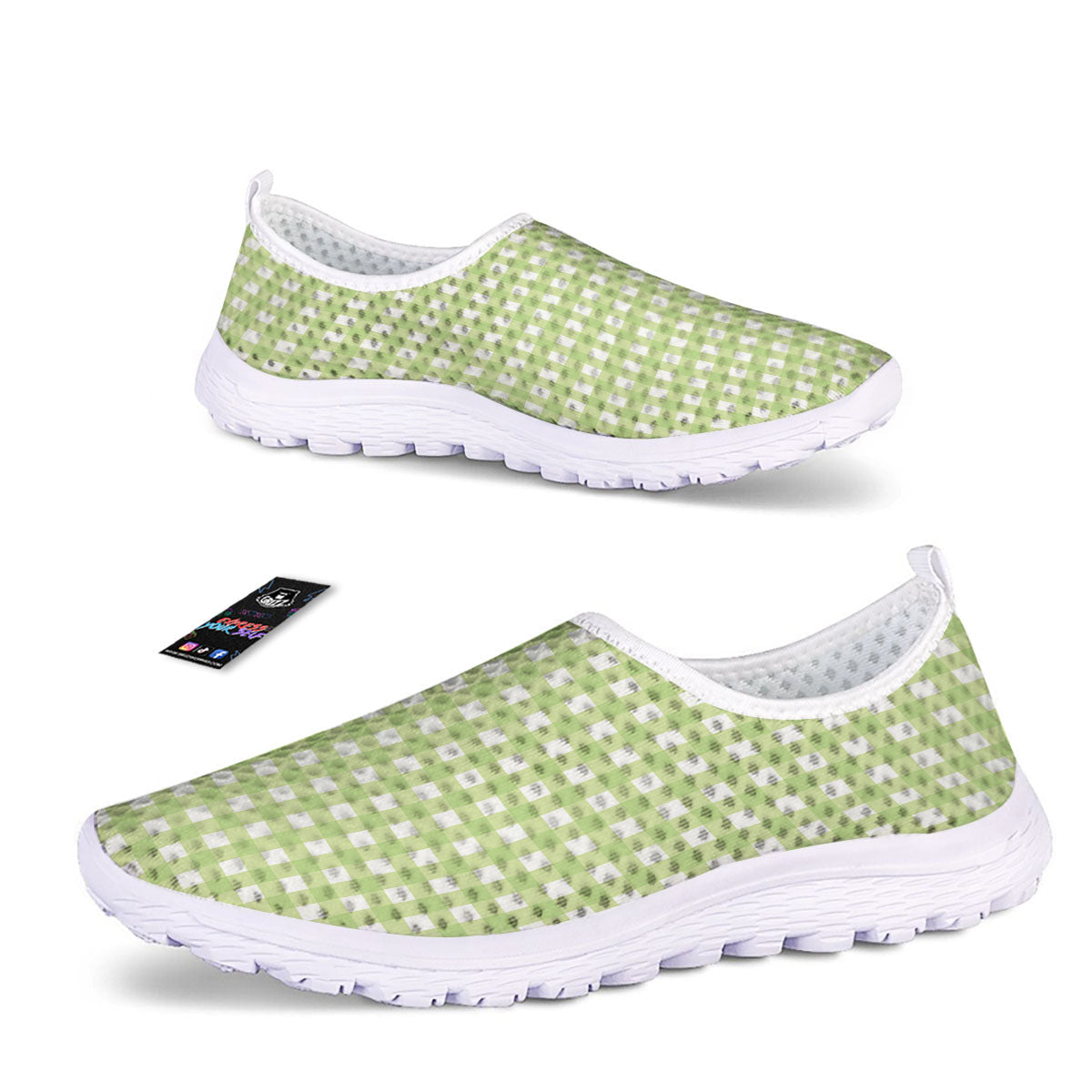 White And Green Check Print Pattern Nurse Shoes-grizzshop