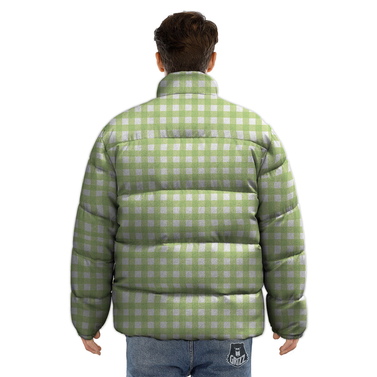 White And Green Check Print Pattern Puffer Jacket-grizzshop