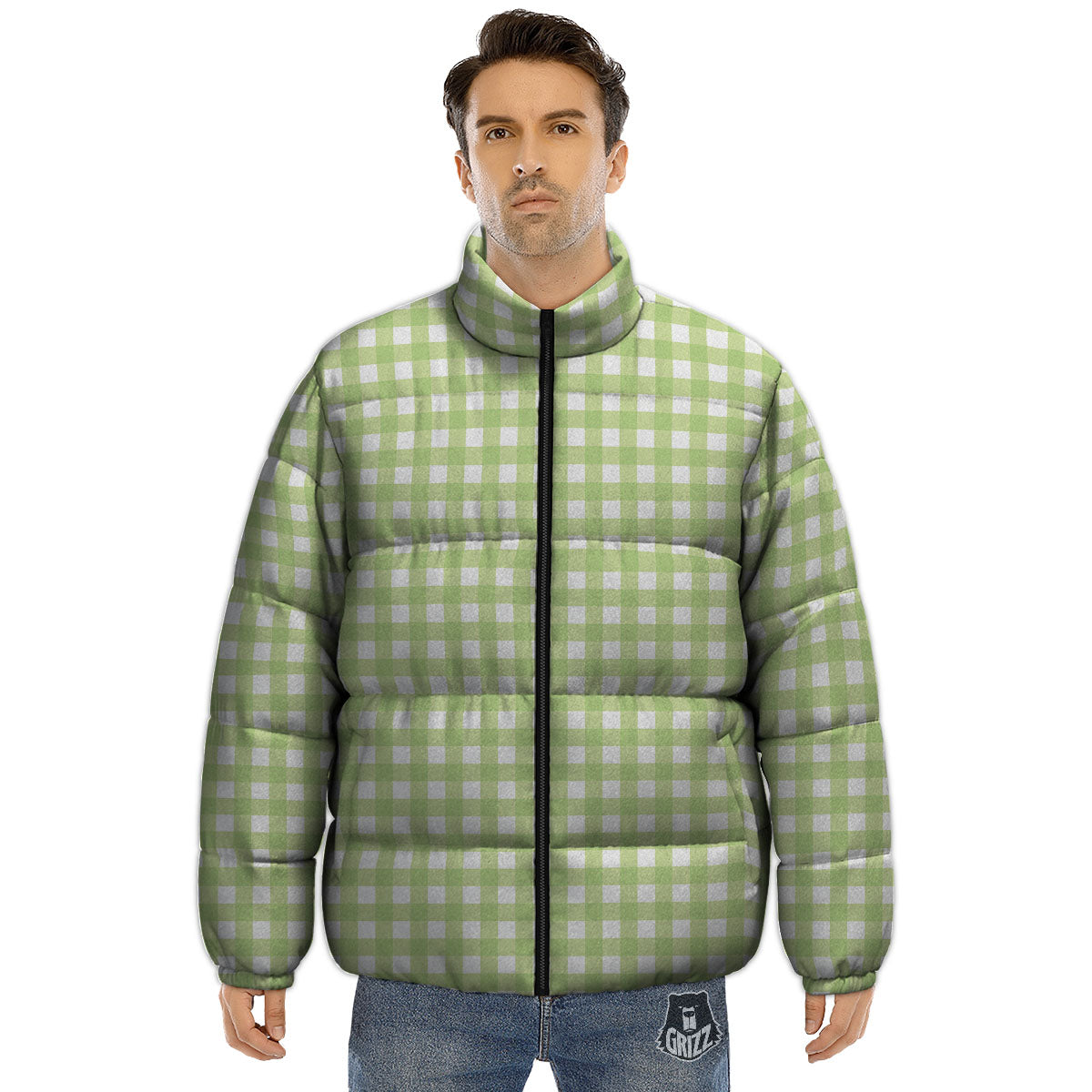 White And Green Check Print Pattern Puffer Jacket-grizzshop