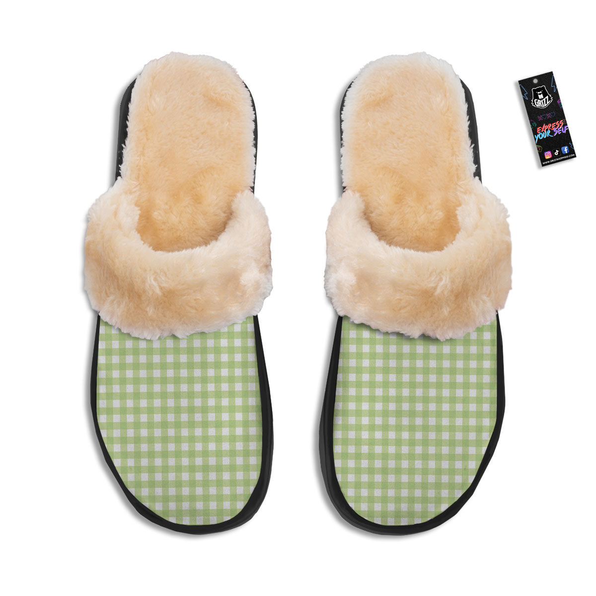 White And Green Check Print Pattern Slippers-grizzshop