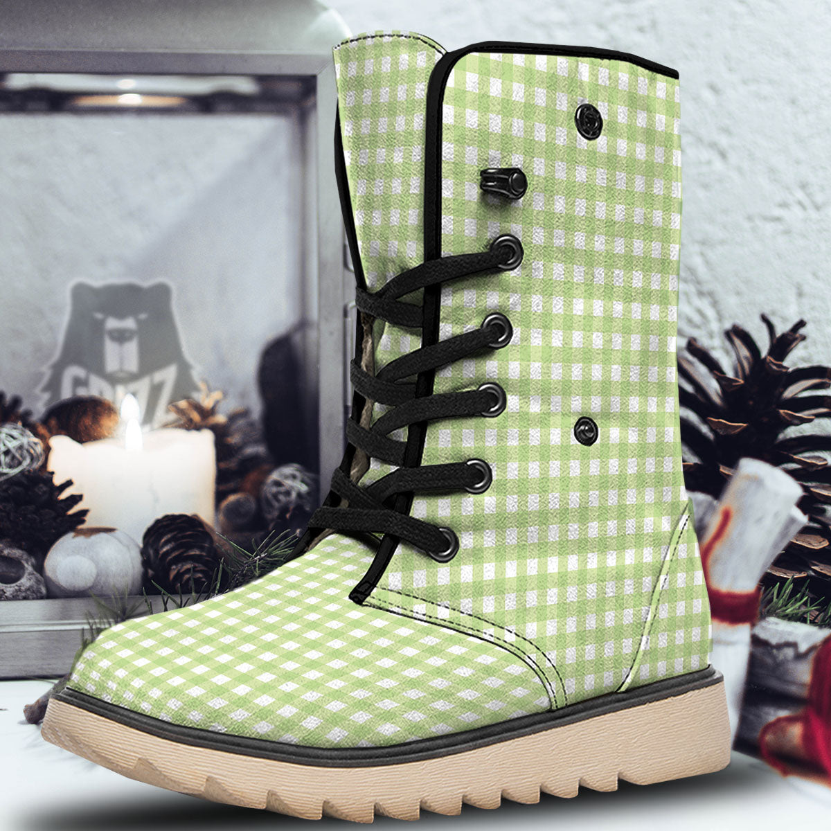 White And Green Check Print Pattern Snow Boots-grizzshop