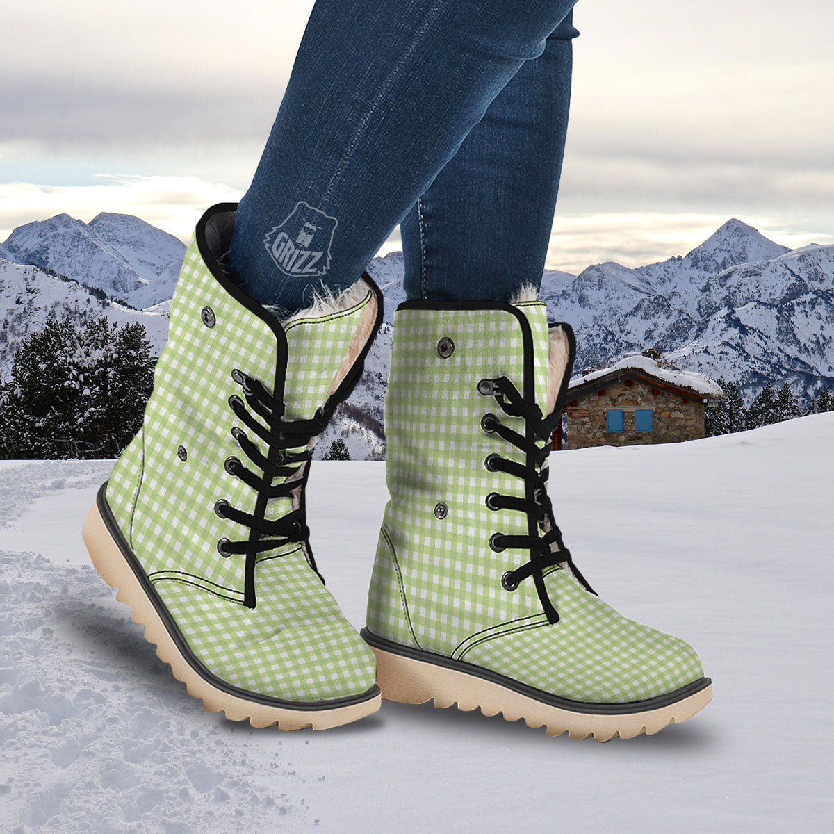 White And Green Check Print Pattern Snow Boots-grizzshop