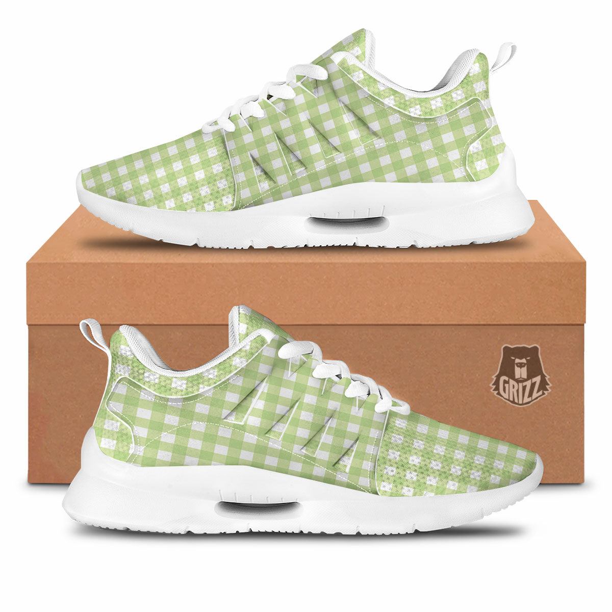 White And Green Check Print Pattern Tennis Shoes-grizzshop