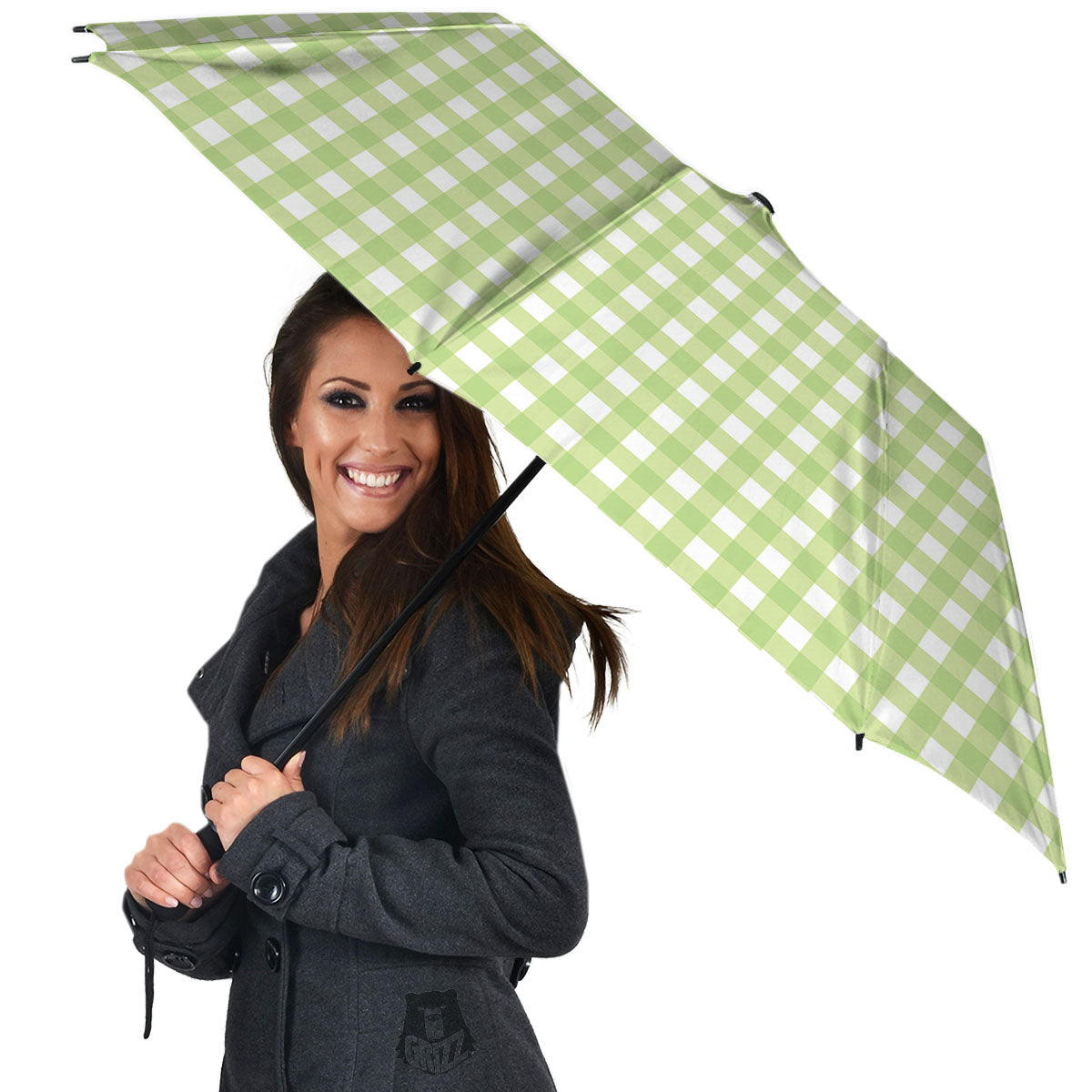 White And Green Check Print Pattern Umbrella-grizzshop
