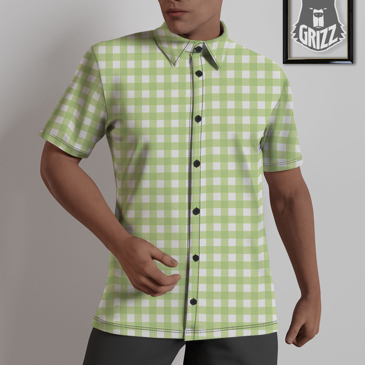 White And Green Check Print Pattern Untucked Shirts-grizzshop
