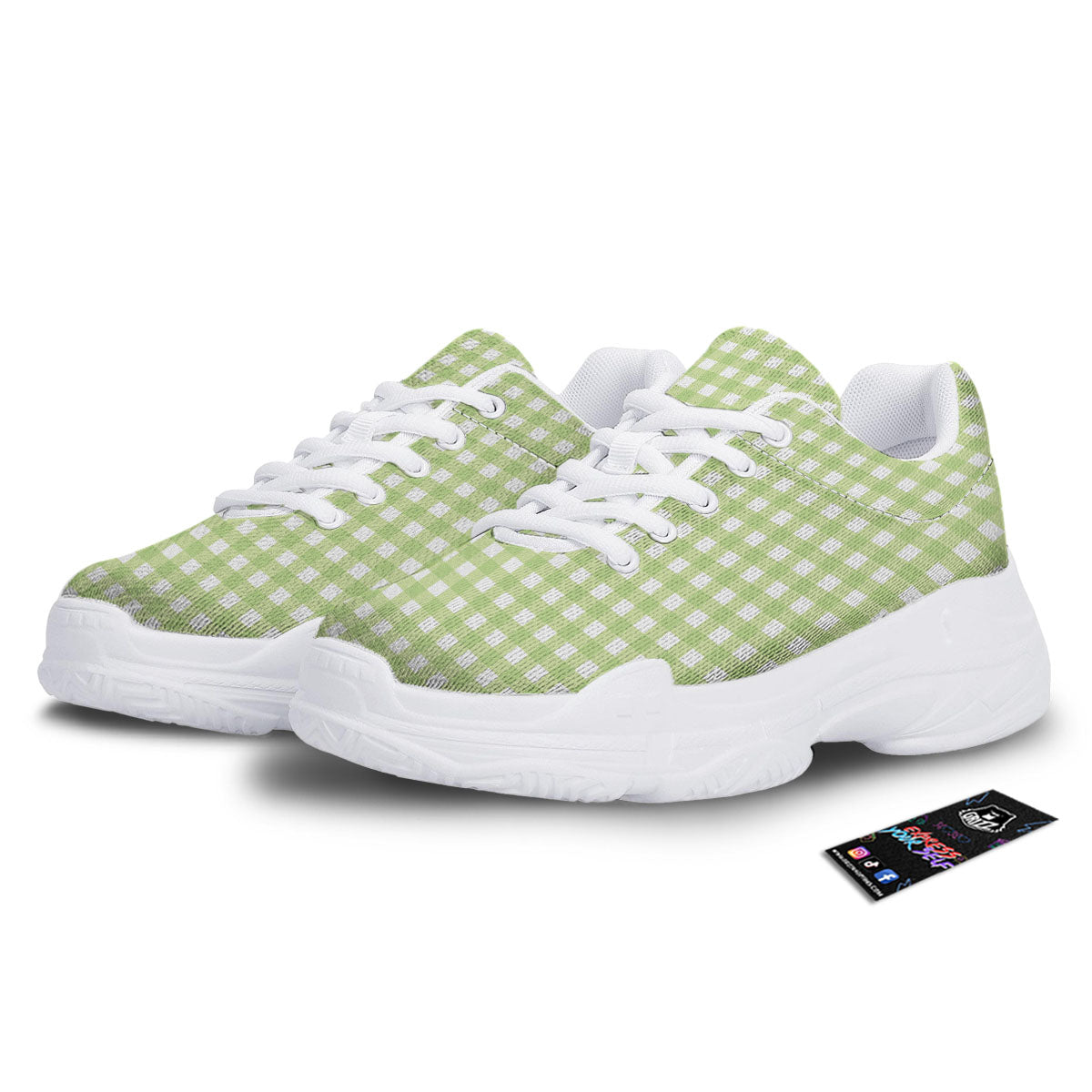 White And Green Check Print Pattern White Chunky Shoes-grizzshop