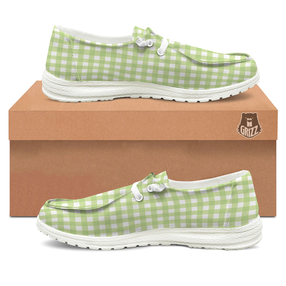 White And Green Check Print Pattern White Loafers-grizzshop