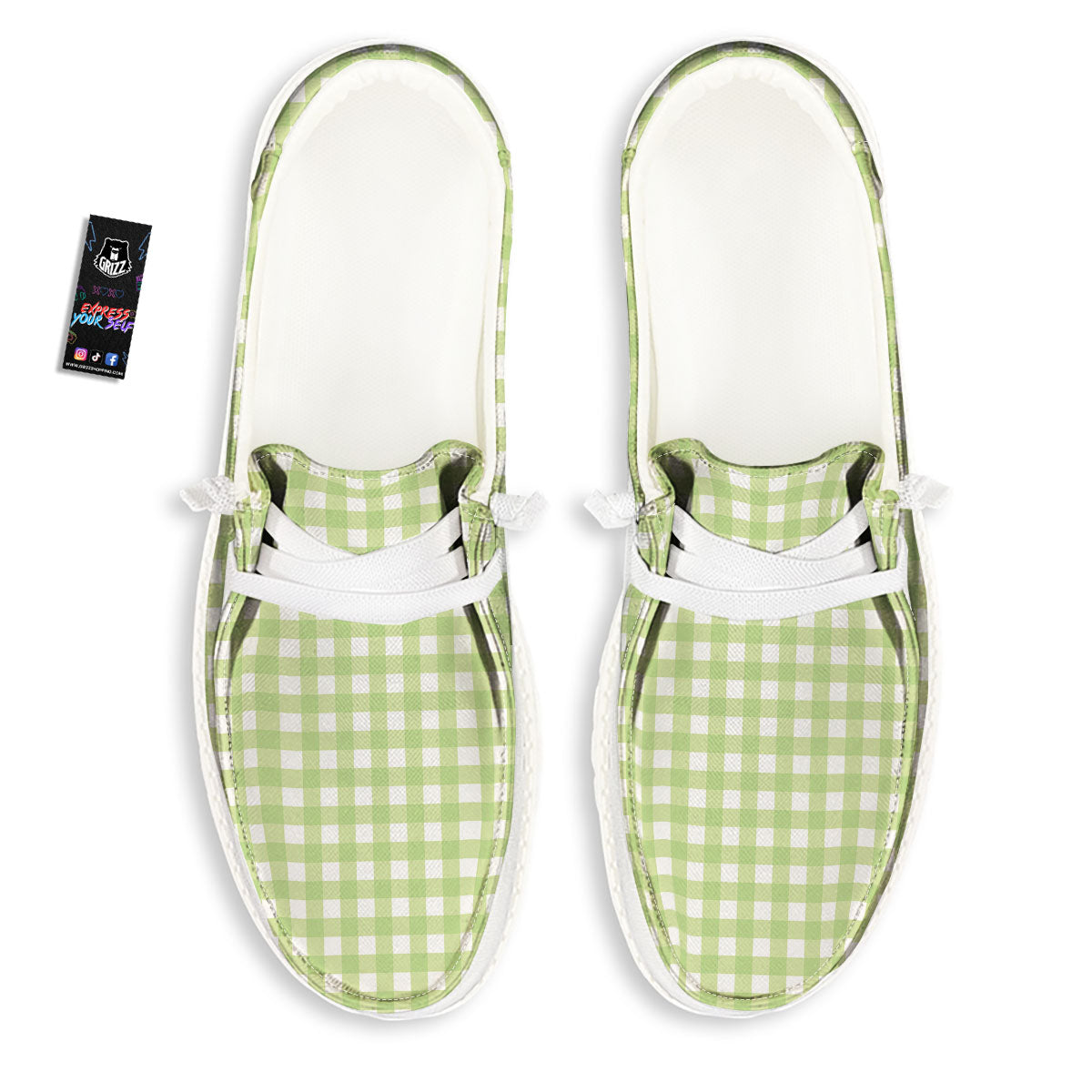 White And Green Check Print Pattern White Loafers-grizzshop