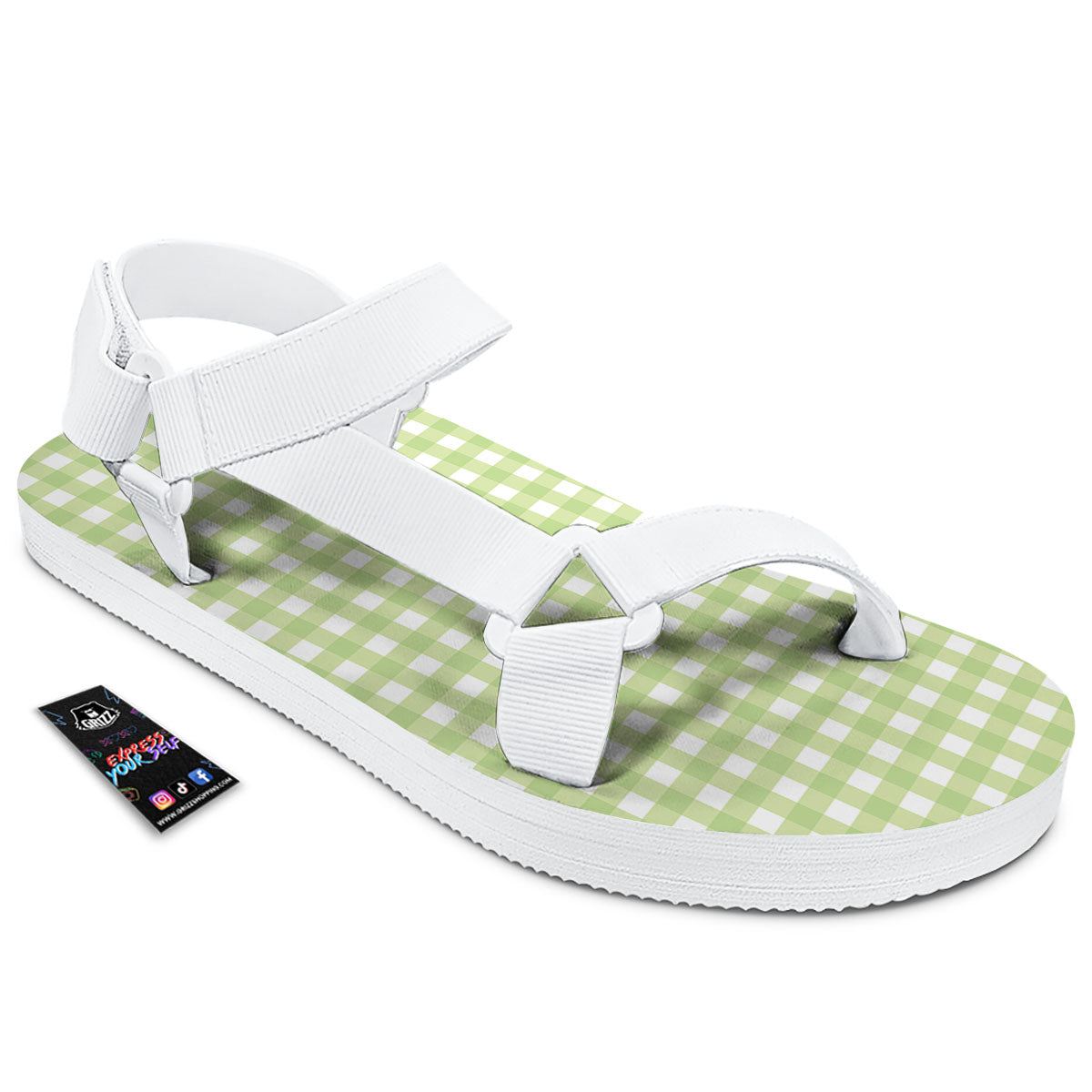 White And Green Check Print Pattern White Open Toe Sandals-grizzshop