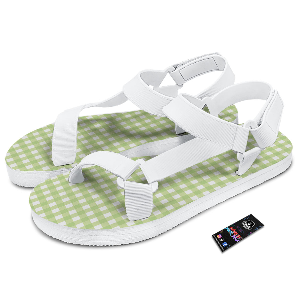 White And Green Check Print Pattern White Open Toe Sandals-grizzshop