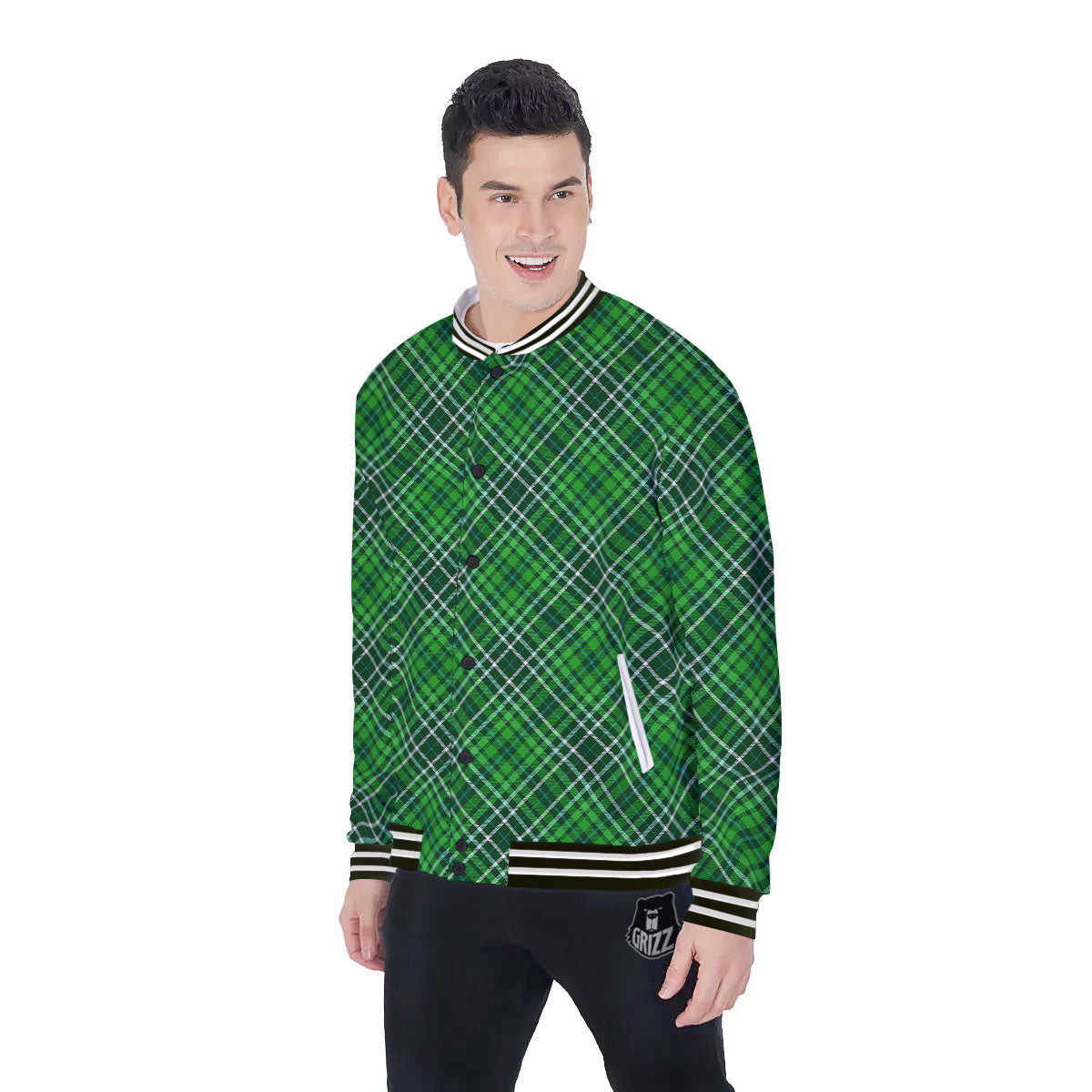 White And Green Plaid Print Pattern Baseball Jacket-grizzshop