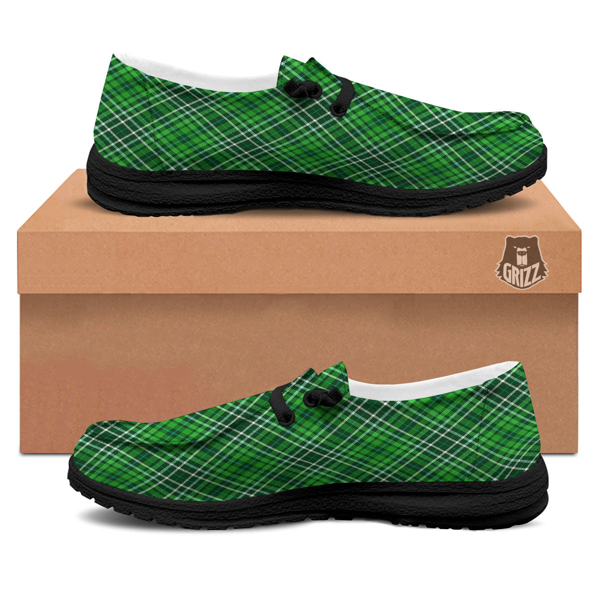 White And Green Plaid Print Pattern Black Loafers-grizzshop
