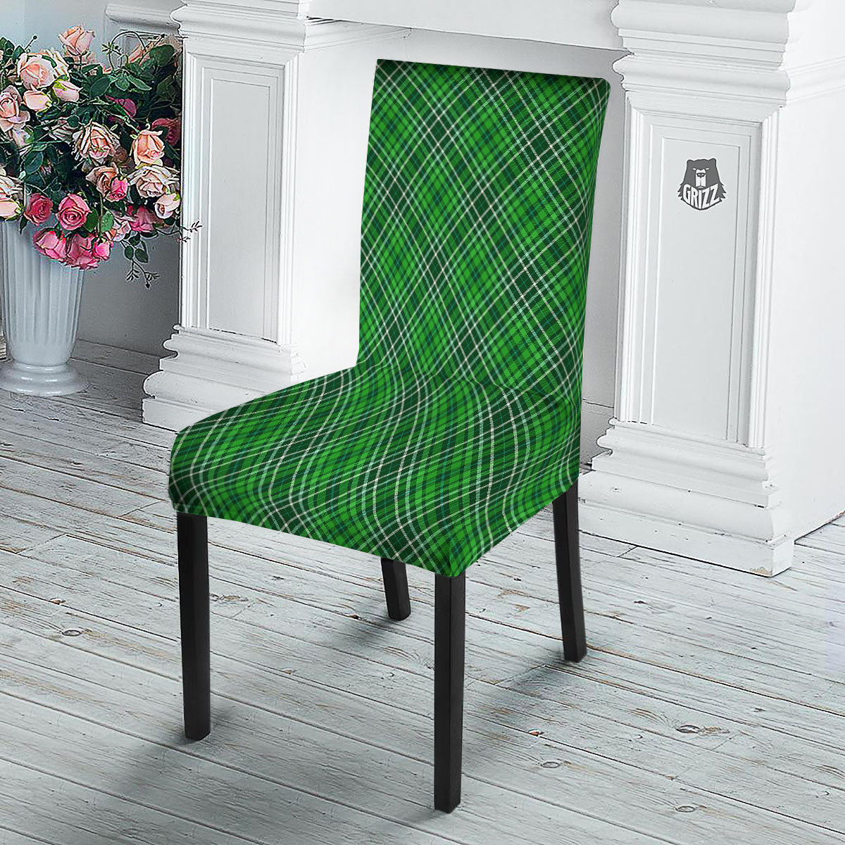 White And Green Plaid Print Pattern Dining Chair Slipcover-grizzshop