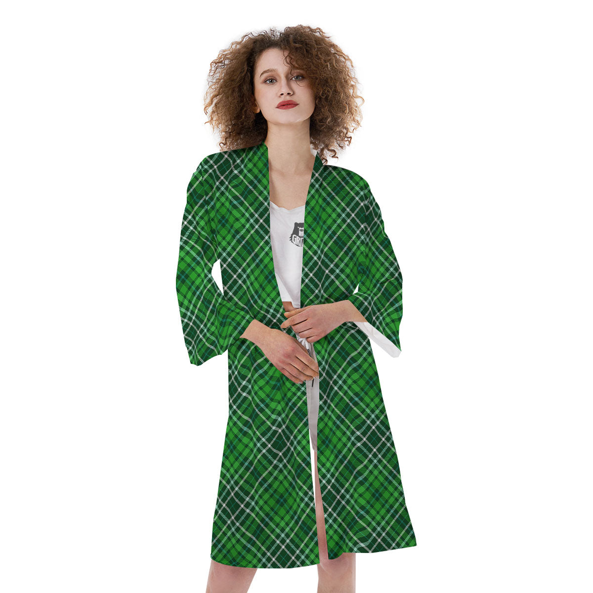 White And Green Plaid Print Pattern Kimono-grizzshop