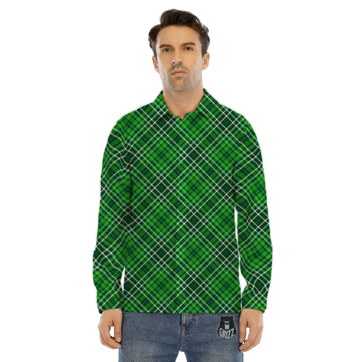 White And Green Plaid Print Pattern Men's Dress Shirts-grizzshop