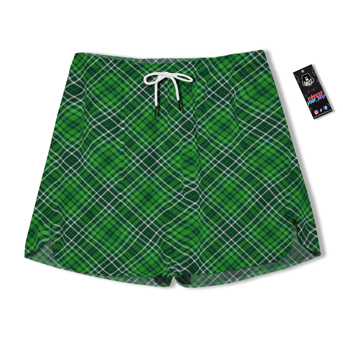 White And Green Plaid Print Pattern Men's Running Shorts-grizzshop