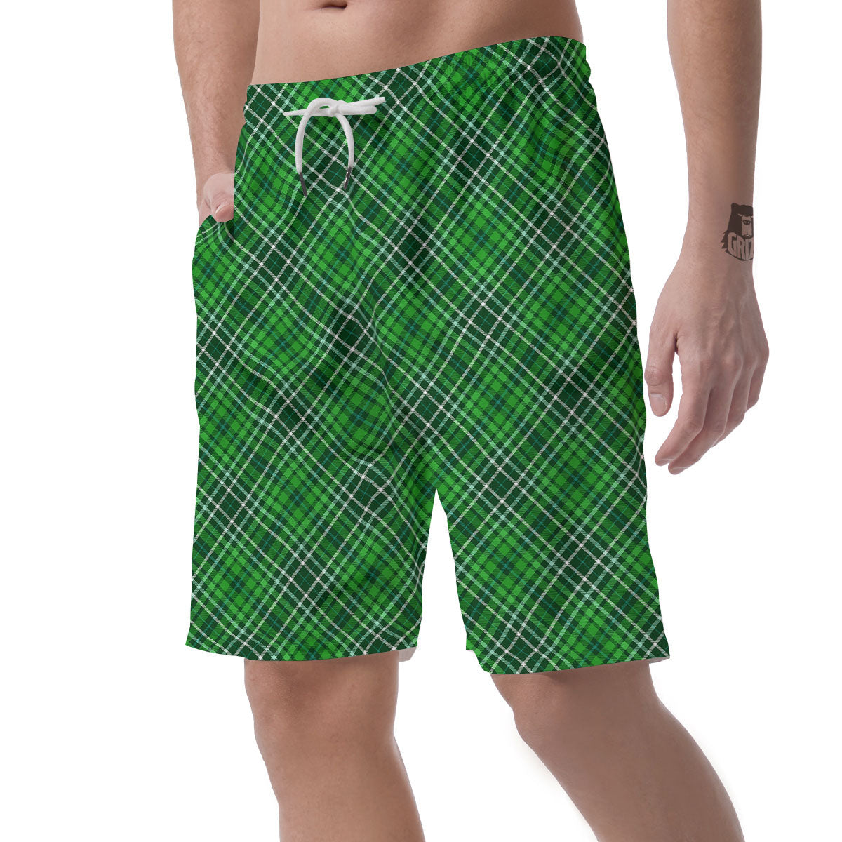 White And Green Plaid Print Pattern Men's Shorts-grizzshop