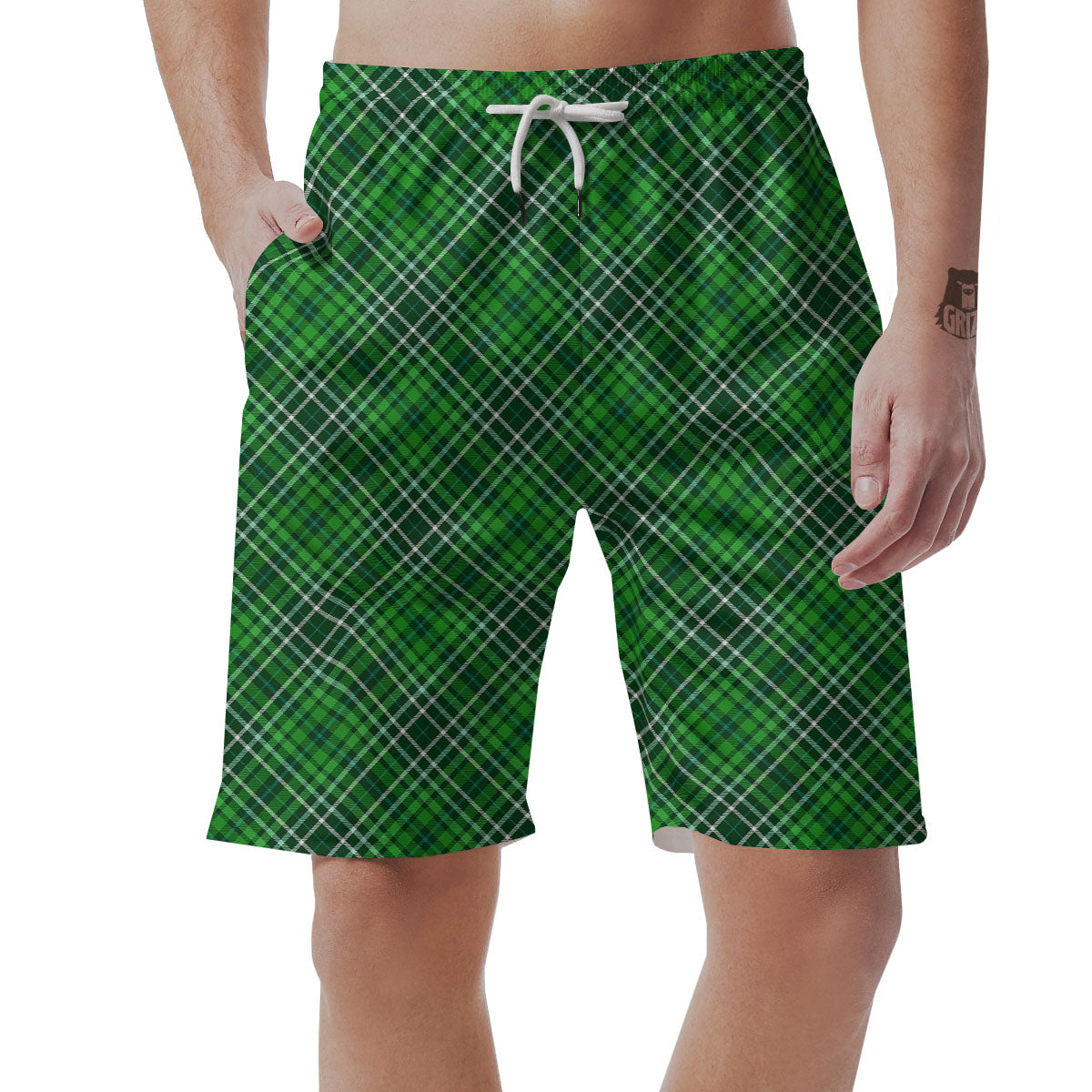 White And Green Plaid Print Pattern Men's Shorts-grizzshop