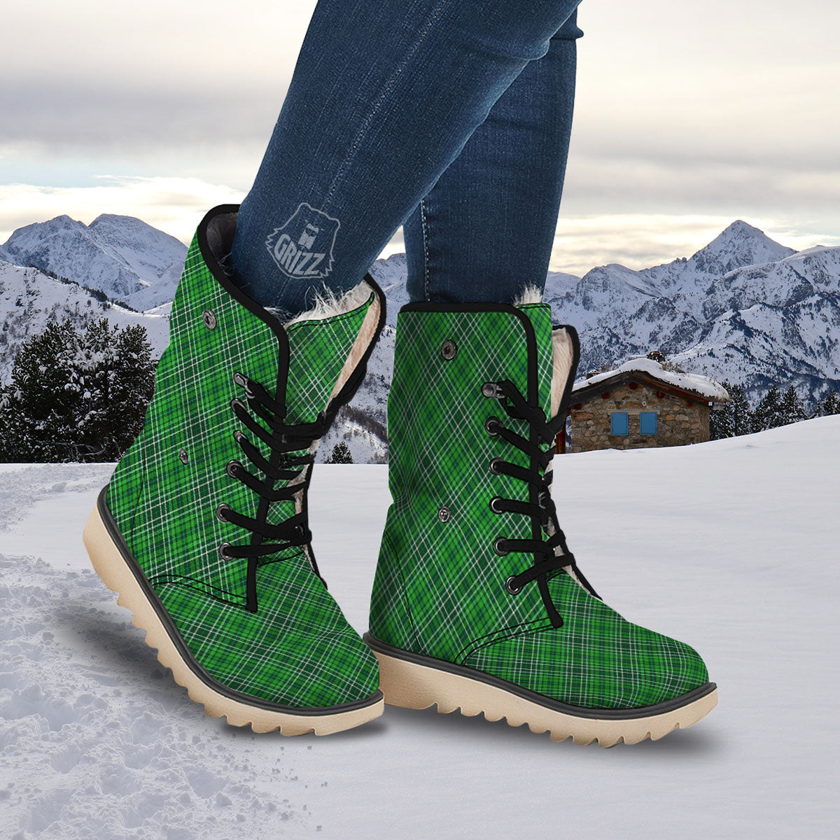 White And Green Plaid Print Pattern Snow Boots-grizzshop