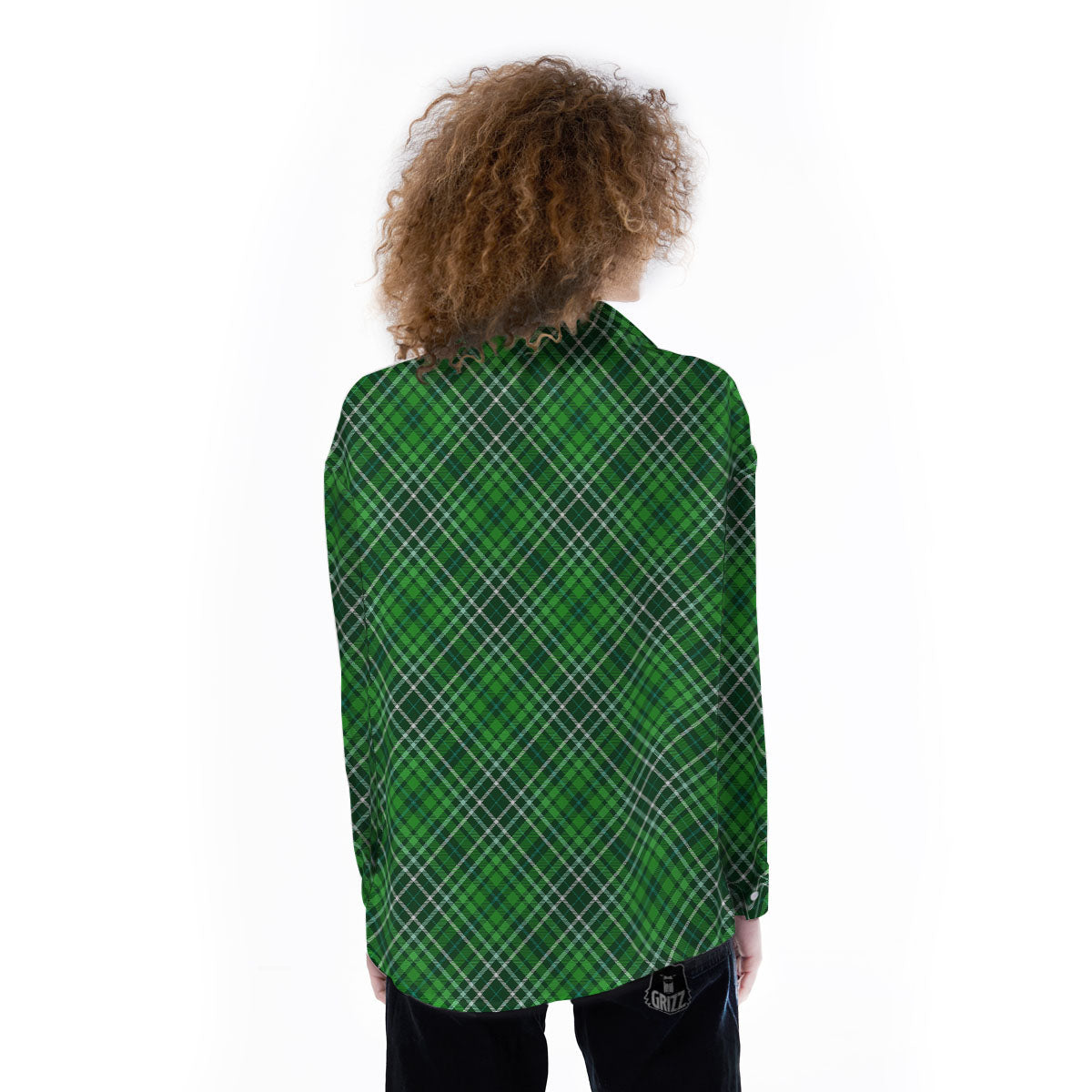 White And Green Plaid Print Pattern Women's Long Sleeve Shirts-grizzshop