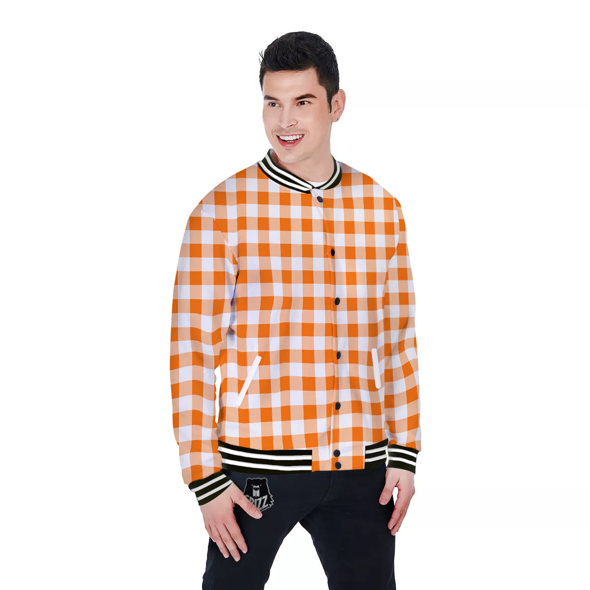 White And Orange Check Print Pattern Baseball Jacket-grizzshop