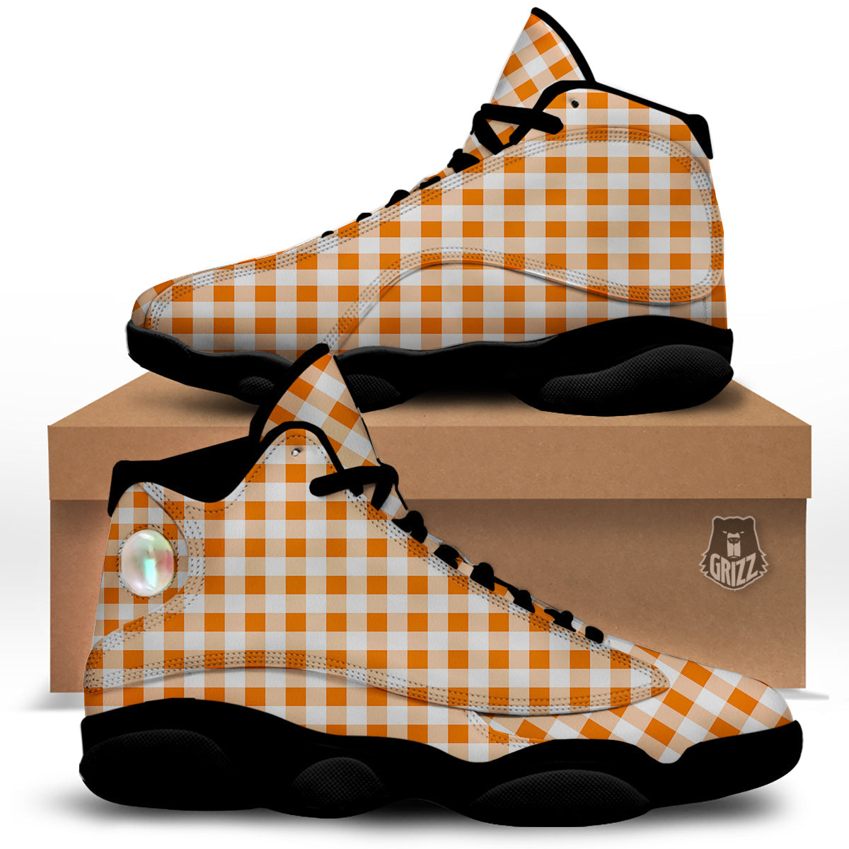 White And Orange Check Print Pattern Black Basketball Shoes-grizzshop