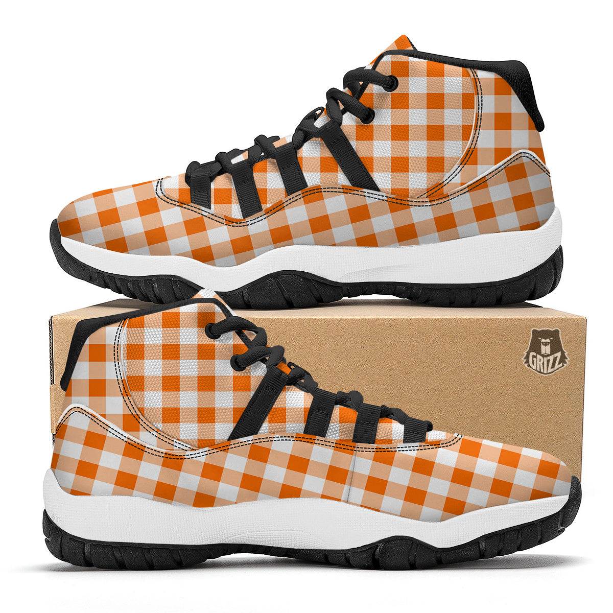White And Orange Check Print Pattern Black Bball Shoes-grizzshop