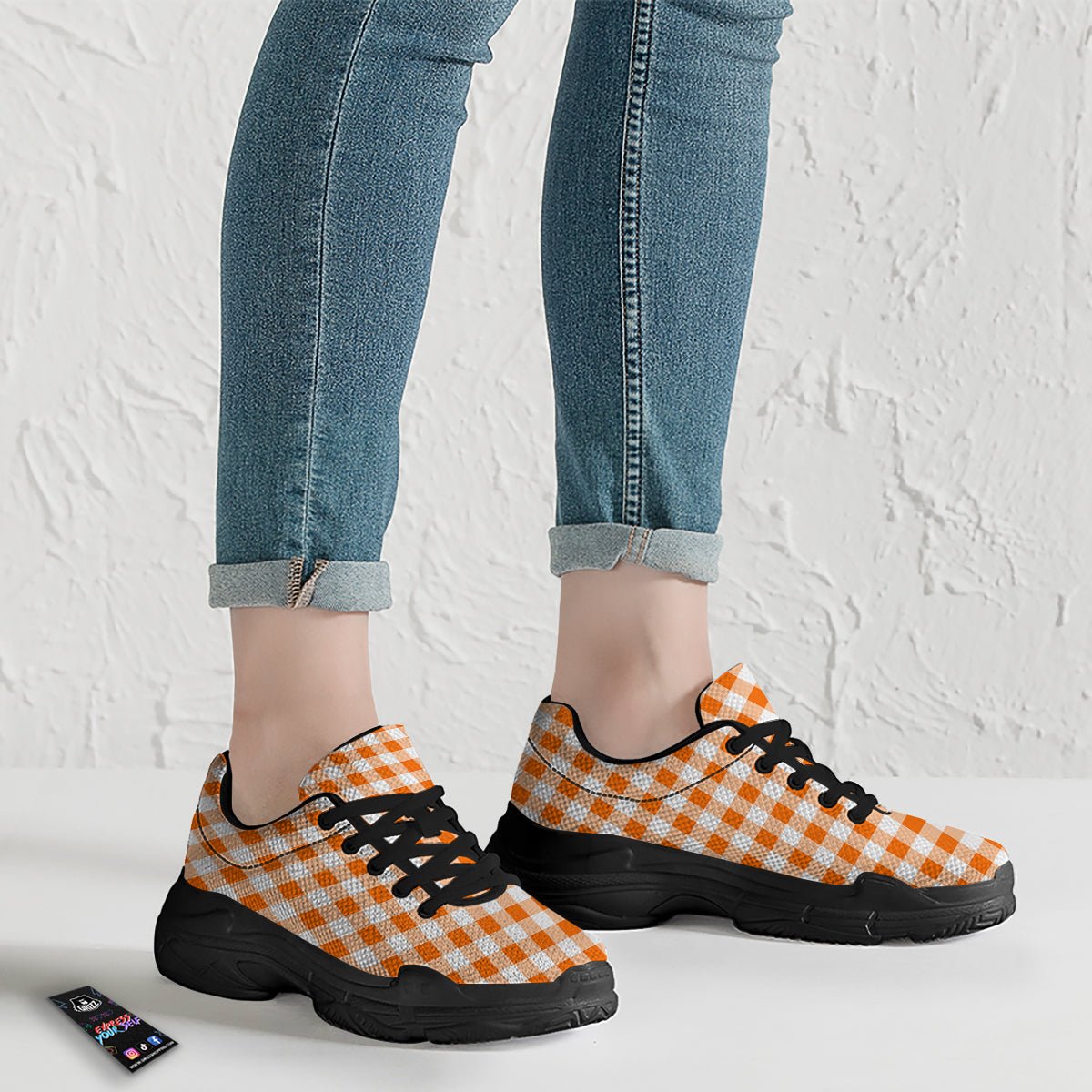 White And Orange Check Print Pattern Black Chunky Shoes-grizzshop