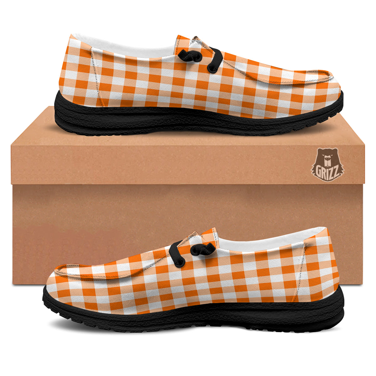 White And Orange Check Print Pattern Black Loafers-grizzshop