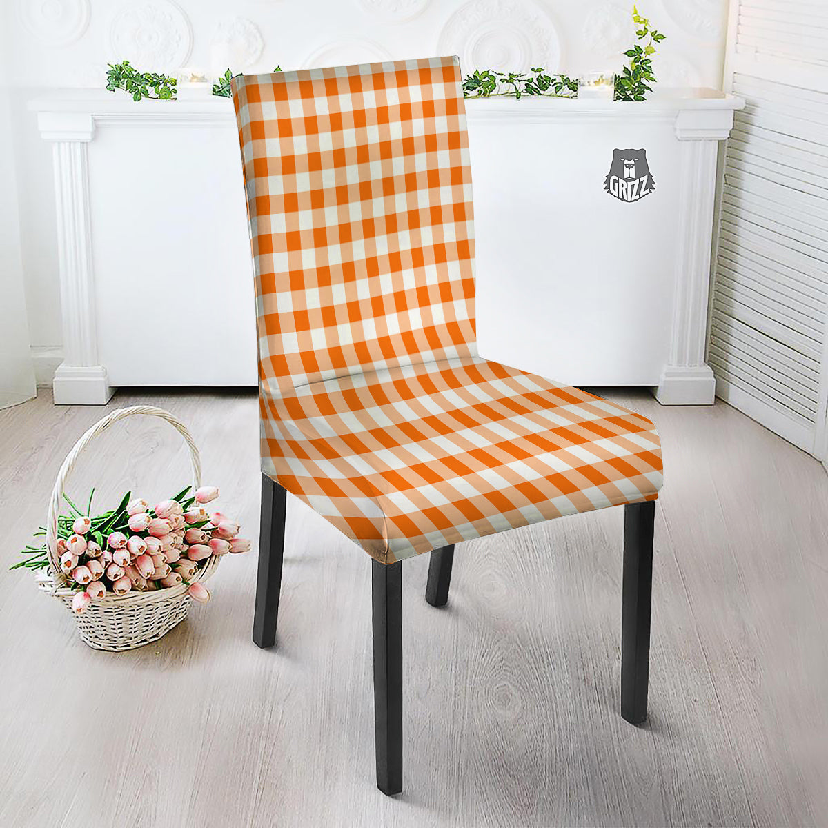 White And Orange Check Print Pattern Dining Chair Slipcover-grizzshop