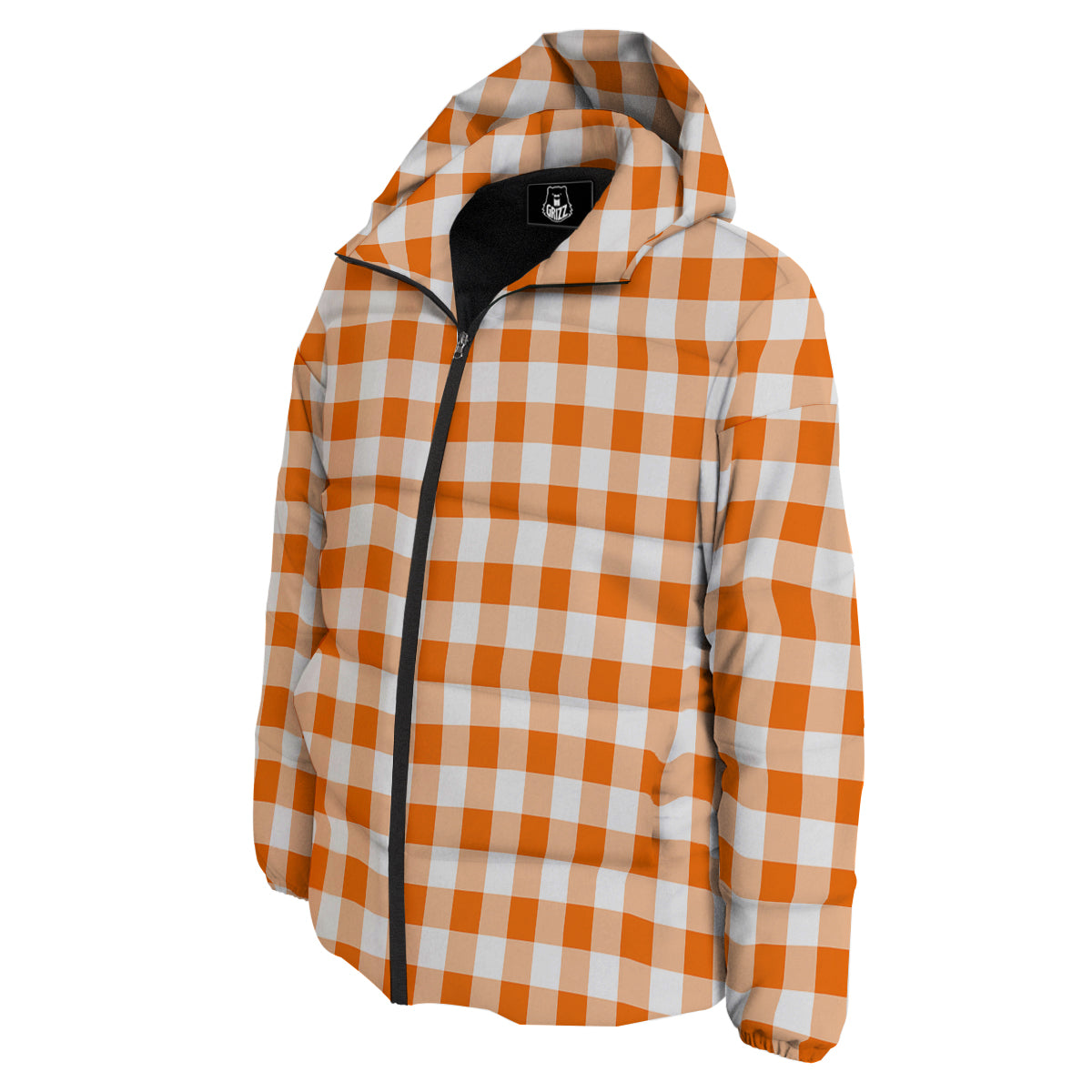 White And Orange Check Print Pattern Down Jacket-grizzshop