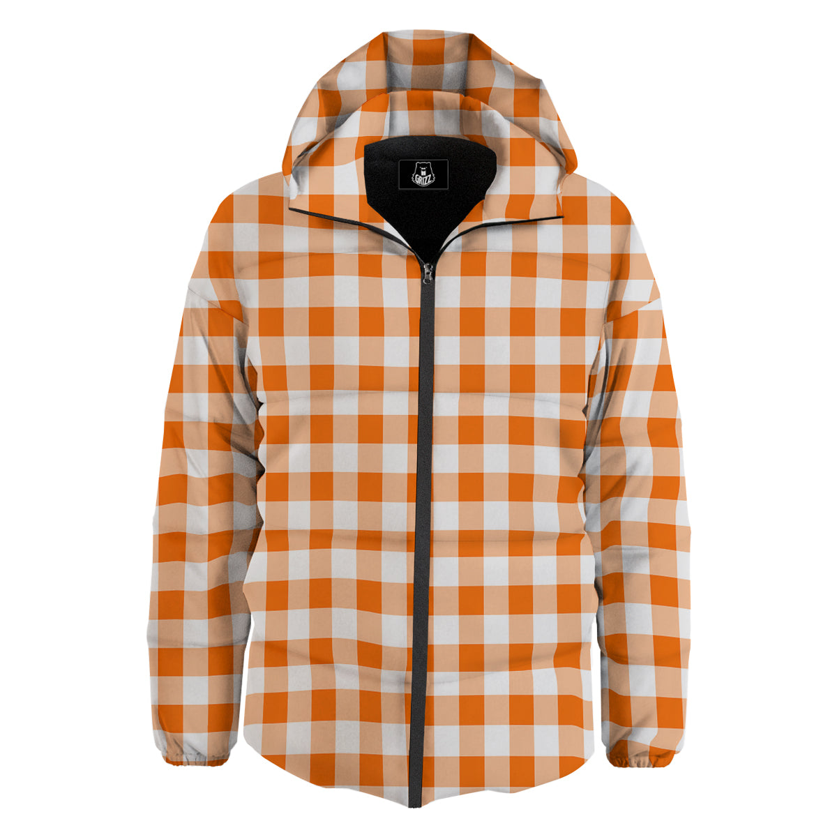 White And Orange Check Print Pattern Down Jacket-grizzshop